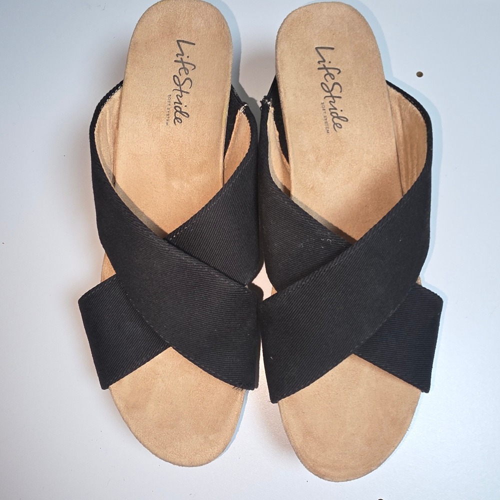LifeStride Soft System Womens Black Crisscross Cork Wedge Slide Sandals Size 8M‎